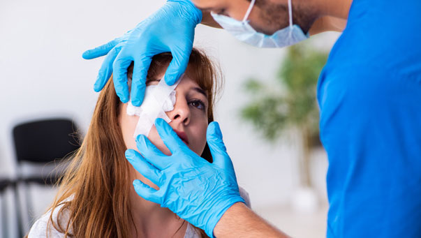 Eye doctor applying gauze to the client's eye.
