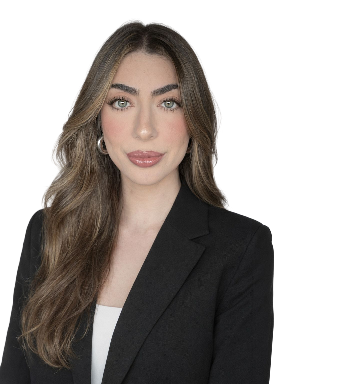Professional headshot of Dr. Noor Ameiche in a black blazer against a black background at Big City Optical in Chicago. 