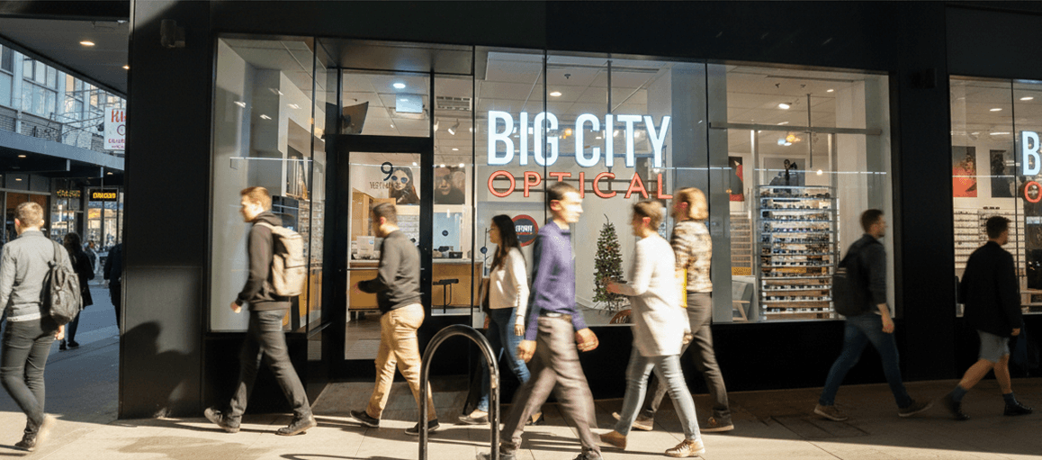 Storefront of Big City Optical with a busy city sidewalk.