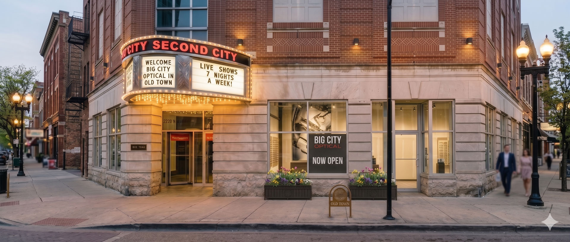 Exterior view of Big City Optical located in the historic Second City building on Wells Street in Old Town, Chicago.
