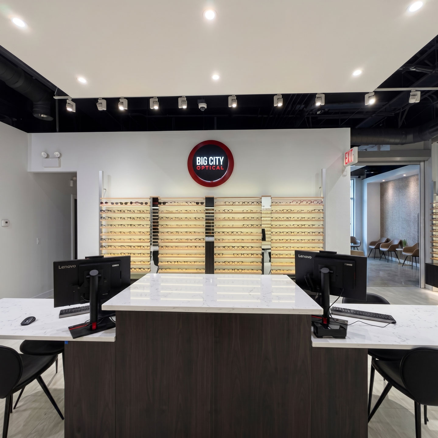 Exterior view of Big City Optical located in the historic Second City building on Wells Street in Old Town, Chicago.